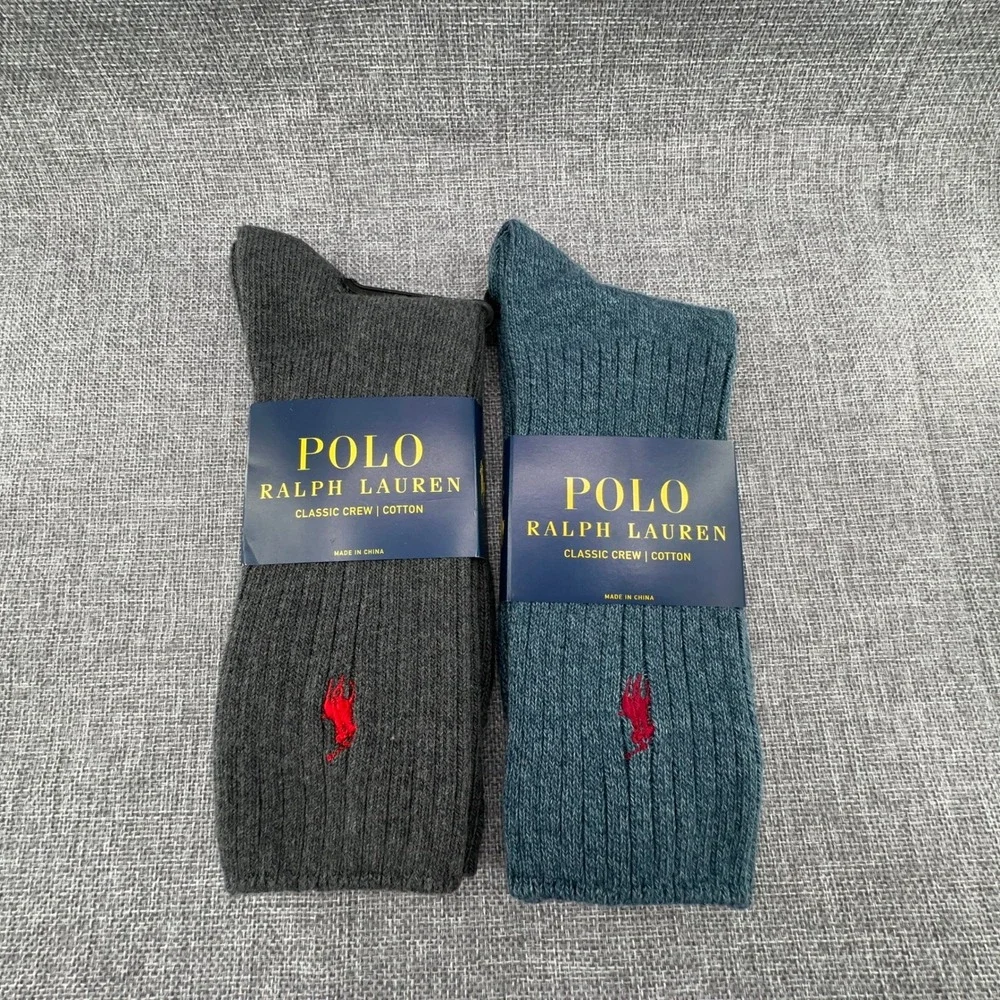 2 Pair of Polo Ralph Lauren Crew Socks Mens Sz 10-13 Grey Blue Ribbed Cotton NEW